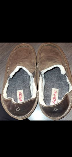 Men's Size 10 Slip On Slippers Brown Leather Sheep Fur Lined Olukai Moloa