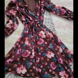 Elisa J, Floral Midi Dress Size 6, V-neck, Brown