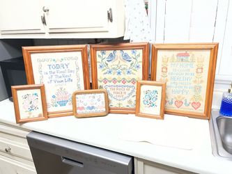 Set of 6 vintage hand made Framed Cross Stitch Samplers