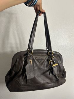 PRADA Brown Pebbled Satchel Top Handle Bag Gold Hardware Buckle With Charm