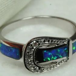 Opal Western Buckle Sterling Silver Ring Size 8