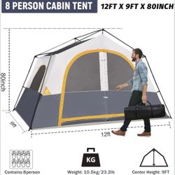 6-8 Person Camping Tent - Portable Family Cabin Tent for Camp, Windproof Fabric Camp Tent Outdoor for Hiking, Backpacking, Traveling