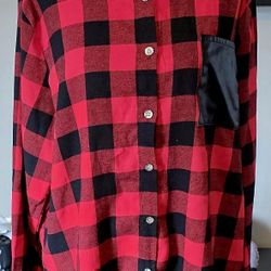 NWOT Womens Plus Size Flannel Button Down Shirt PU Leather Pocket Buffalo Plaid