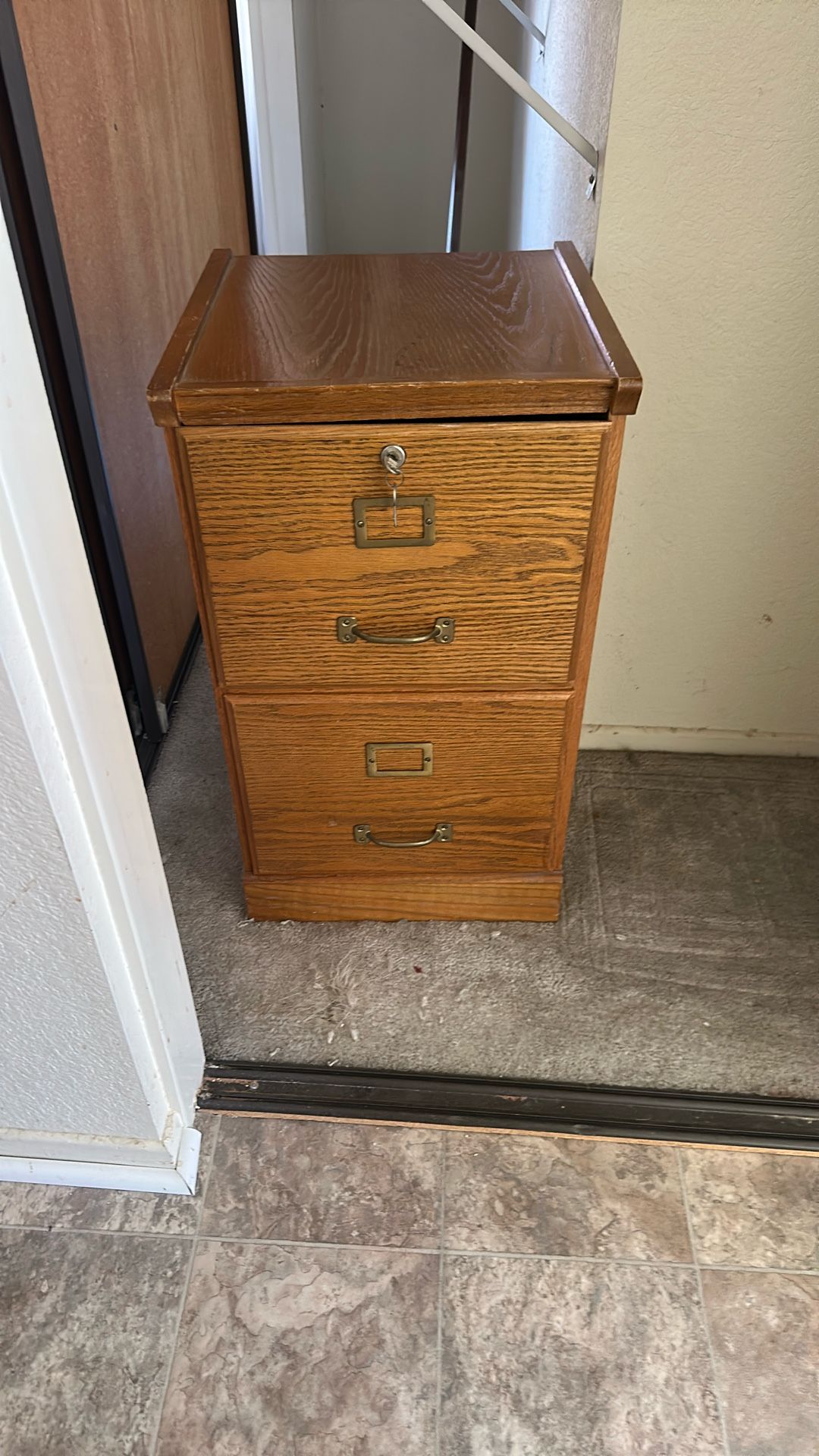 Oak file cabinet two drawers with key lock