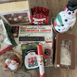 Collection of Vintage Christmas Decorations  12” light up Snowman 9” Angel  Tree Topper  Light up circular Mr and Mrs Claus Tic Tac Toe game 20 Red LE