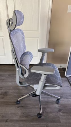 office chair in gray mesh with an adjustable dynamic lumbar support system and a matching headrest.