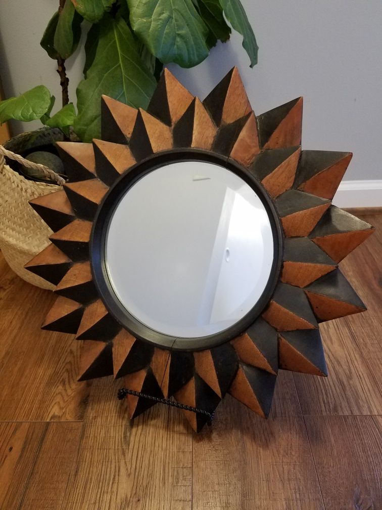 Two Tone Solid Wood Carved Sunburst Framed Mirror