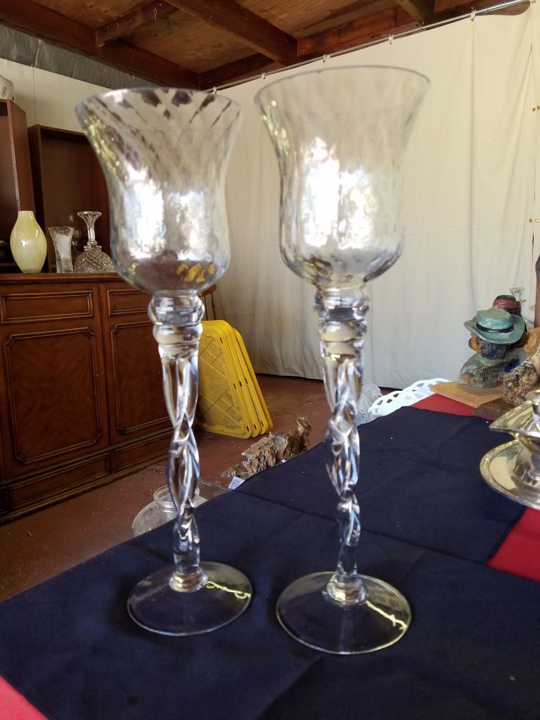 Set of 2 large tall crystal candle stick holders twisted braided stem with waffle pattern at top 16 inches tall A72V447