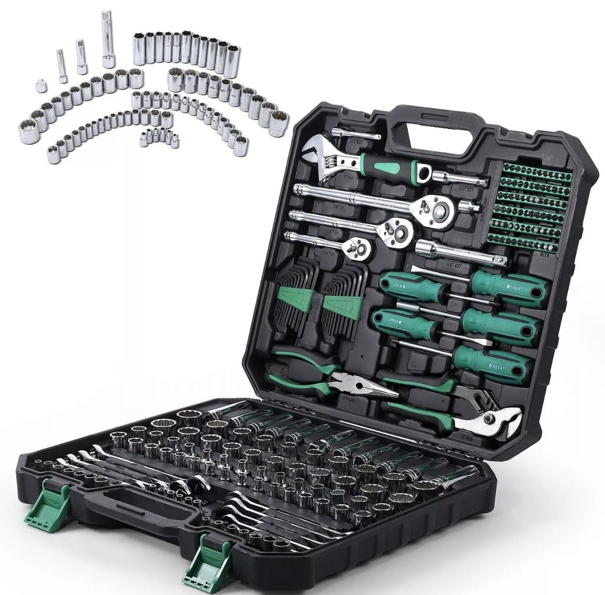 213pcs Mechanics Tool Set 1/4" 3/8" 1/2" Metric Socket Wrench Set Tool Kit &Case