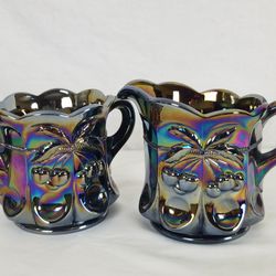 Vintage Amethyst Carnival Glass Cherry And Cable Creamer And Sugar