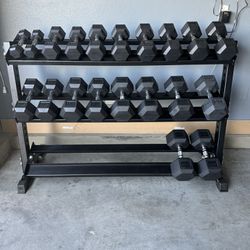 New Rubber Hex Dumbbells 5lbs-50lbs/Dumbbell rack included/ Gym Equipment/Weights/Exercise/Training  