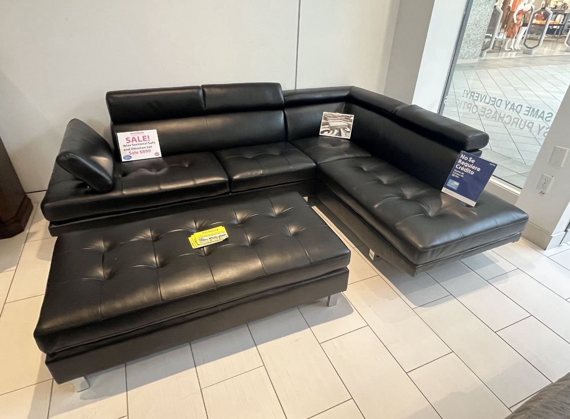 Going out of business sale. Ibiza black sectional with ottoman set now $899. Easy finance option. Same day delivery.