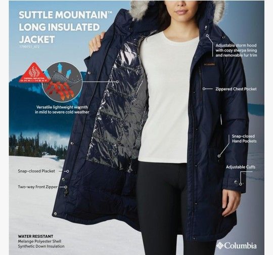 Columbia Womens Suttle Mountain Long Omni Heat Hooded Jacket Sz Small DK Nocturnal