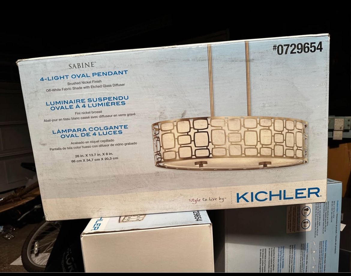 KICHLER Sabine 4 Light Linear Pendant in an Olde Bronze Finish with Etched Glass Drum original $196