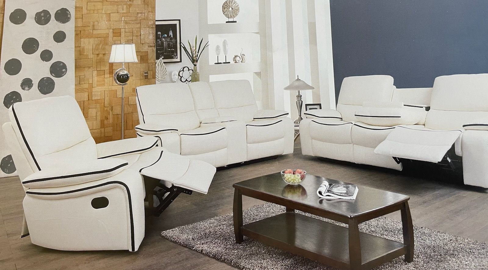 White Leather Fully Reclining Three Piece Couch Set
