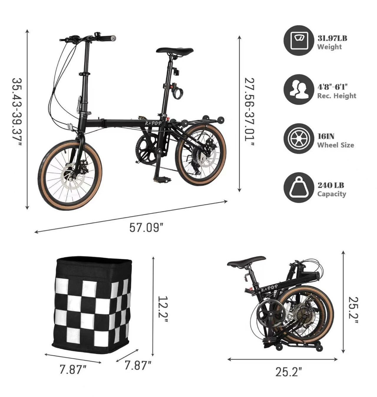 🥨16 Inch Folding Bike with 7-Speed, Foldable Bike for Adults, Commuter Bikes Folding Bicycle for Adult/Women/Men Commuting Traveling Outdoor, Front 