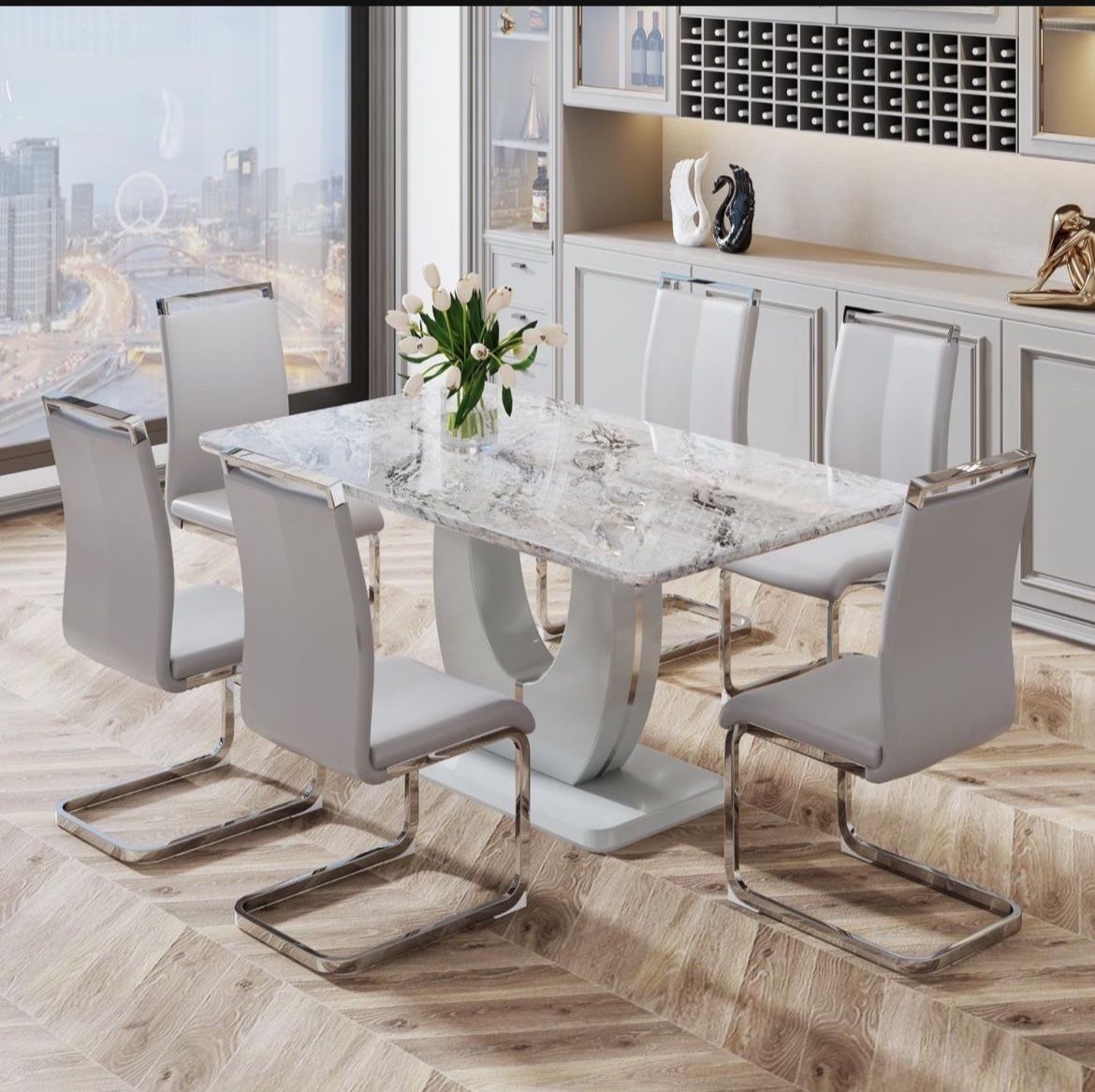 Modern Dining Table Set for 8, Rectangula Kitchen Table Set with Faux Marble Tabletop & 8 Pu Leather Upholstered Chairs Ideal for Dining Room, Kitchen
