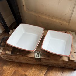 Pair of White Glazed Square Terra Cotta Serving Bowls