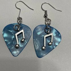 Teal Guitar Pick Music Note Earrings