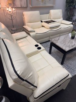 SALE💫3pcs Creamy White Leatherette Reclining Living Room Set