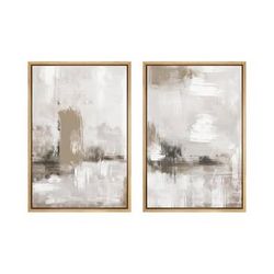 Set of Two 16" x 24" Neutral Abstract Prints on Canvas in Faux Wood Floating Frames | Wall Art