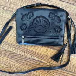 Patricia Nash Black Leather Purse Bag Tassel Embossed
