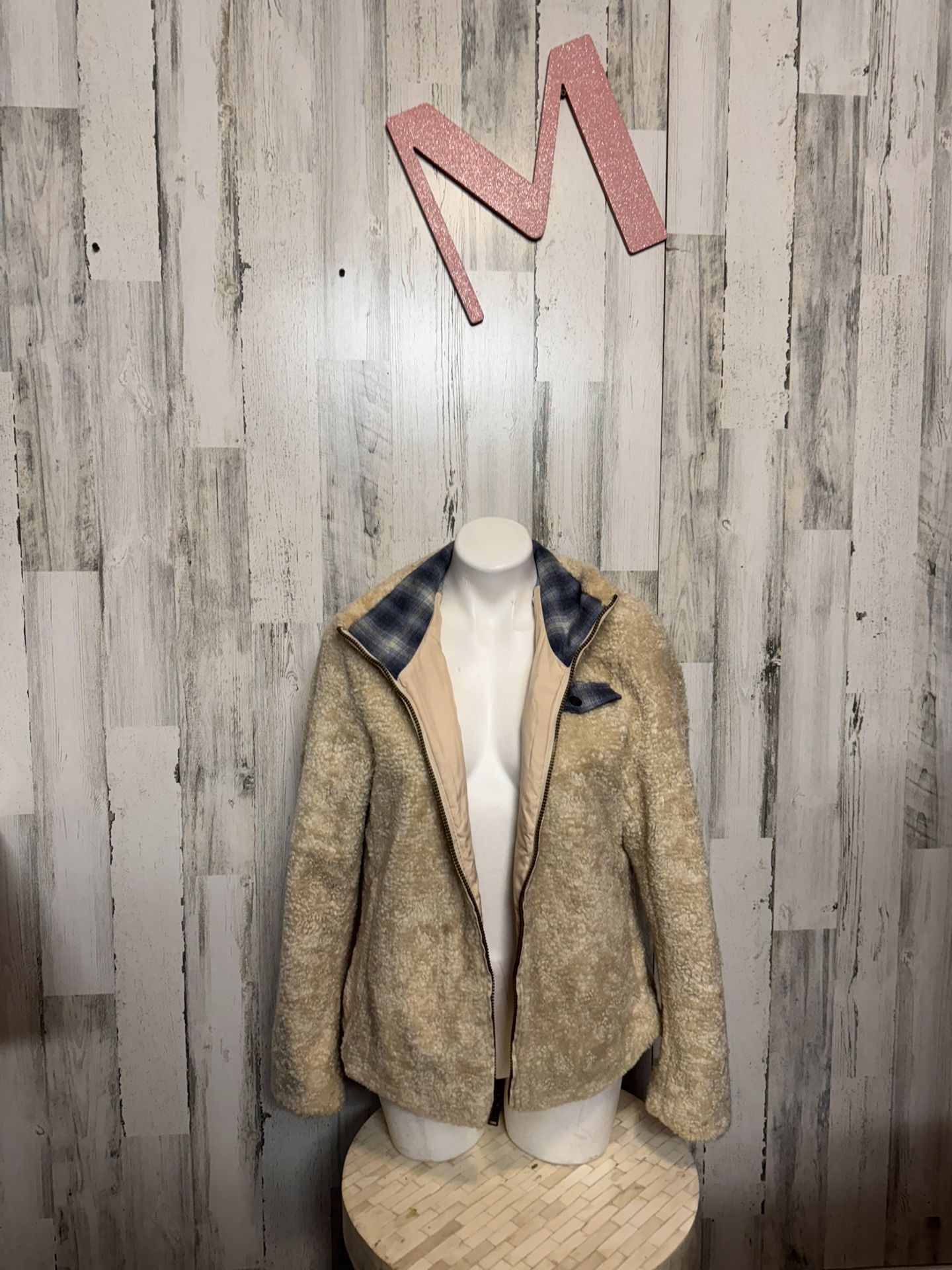 Pendleton Cream Sherpa Flannel Trim Full Zipper Teddy Coat Women’s medium