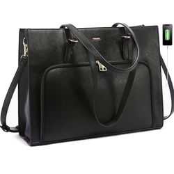 15.6 inch Laptop Tote Bag with USB Charging Port Waterproof PU Leather