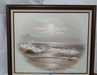 Oil Painting SIGNED FRAMED AUTHENTICATED BY WAKEFIELD 28" X 24" Ocean Waves Crashing On Beach at Sunset