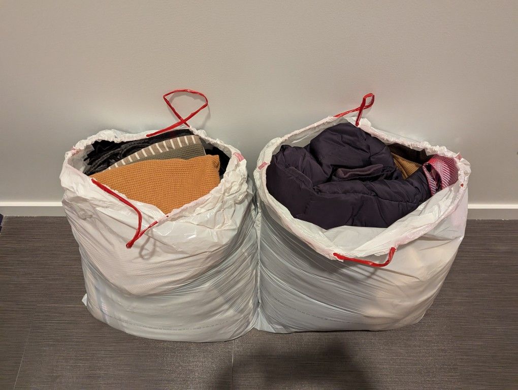 Two Bags of Men’s Clothes for Sale – Jackets, Pants, Shirts & More!