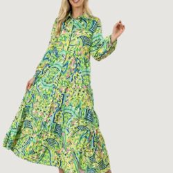 Zara Bright Floral Print Shirt Dress Midi Green M
