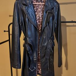 Vintage Black Faux Leather Trench Coat – Retro Floral Lining