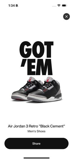 Men’s Jordan Retro 3 Black Cement Size 11.5