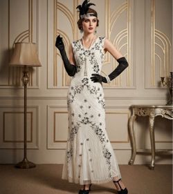 Women size 2XL Gatsby Sequin Mermaid Formal Evening Dress 1920s Flapper Costume Set