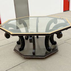 Vintage Antique Glass & Wood Octagonal Dining Table French Provincial Neoclassical 