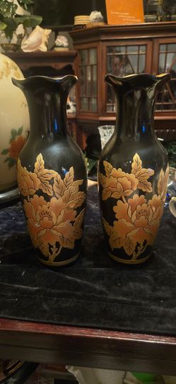 Pair of Black and Gold Floral Vases