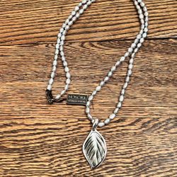 HONORA 36” Single Strand Gray FRESHWATER PEARL NECKLACE Leaf Pendant .925 Silver