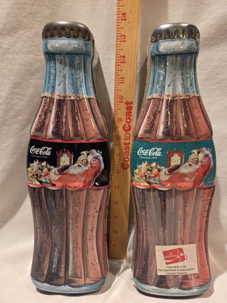 "Coca-Cola" VTG 1(contact info removed) "Christmas" 13in. bottle Shaped Tin Hinged Tin Canisters