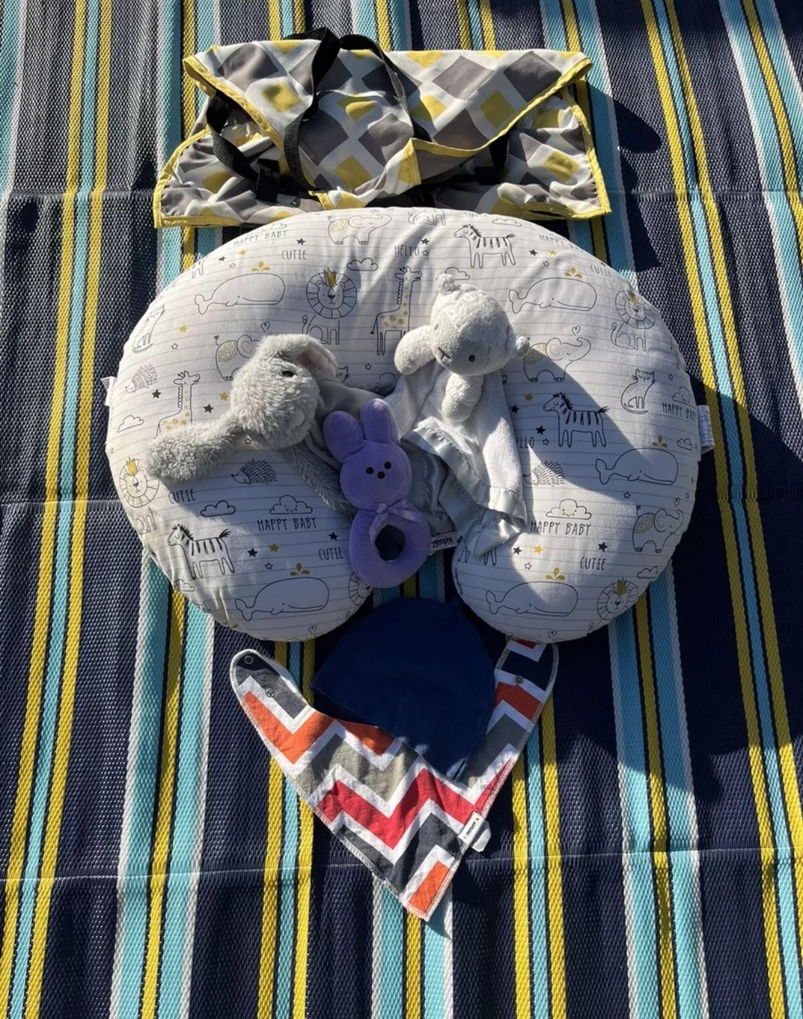 Lot Of Infant Baby Gear, Boppy, Easy Seat Portable High chair, 2 Blanky Plush’s
