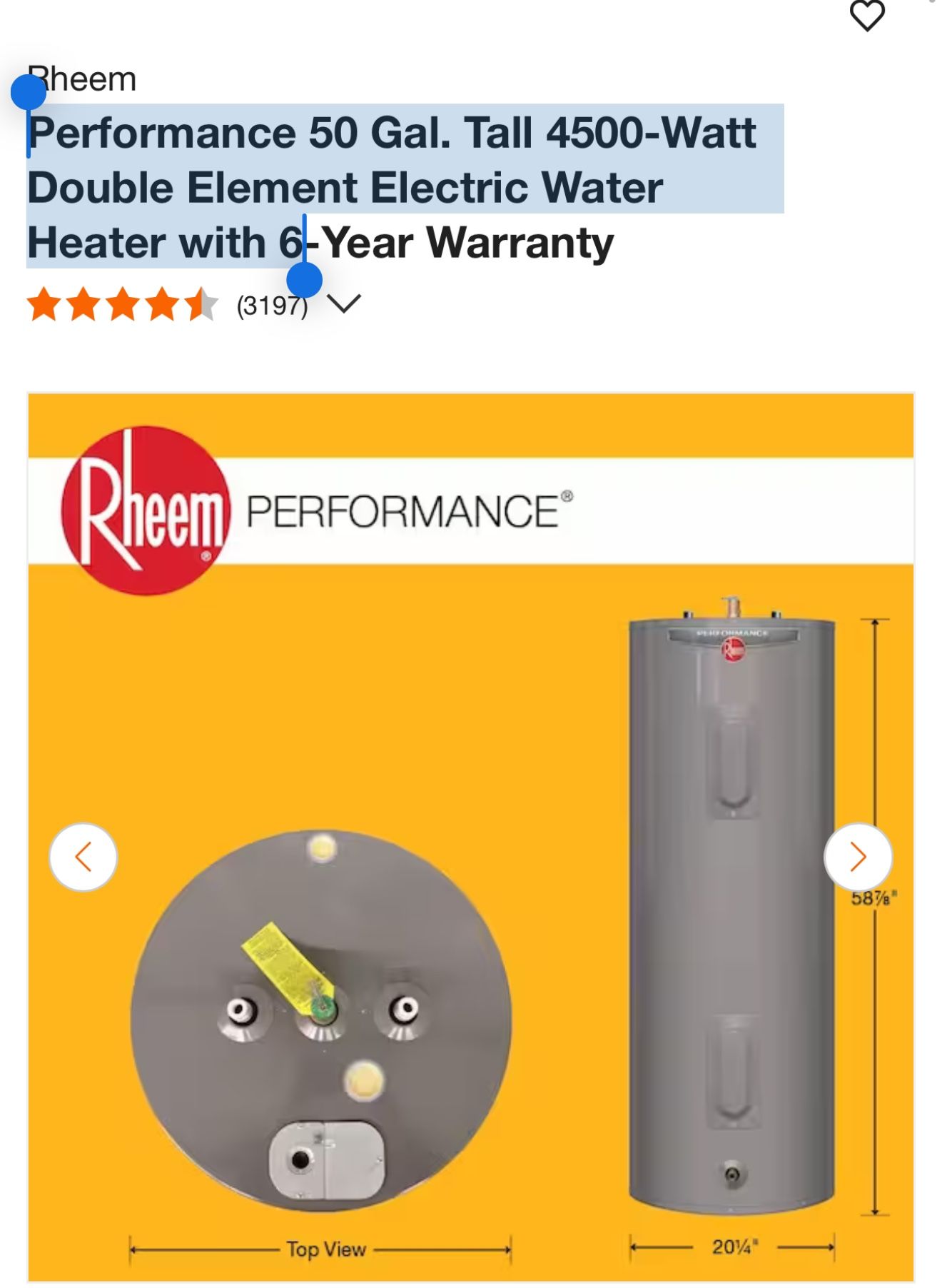Performance 50 Gal. Tall 4500-Watt Double Element Electric Water Heater with 6