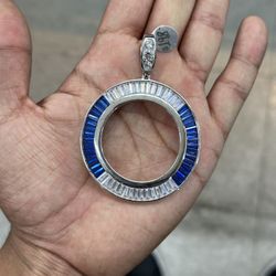 925 Silver Circle Bezel Pendant For Centenario Embezzled In Blue And Clear Baguette Cut CZ