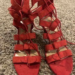 Marc Fisher Suede Lace-Up Block Heel Sandals - Paradox, Size 8 1/2 W, Red