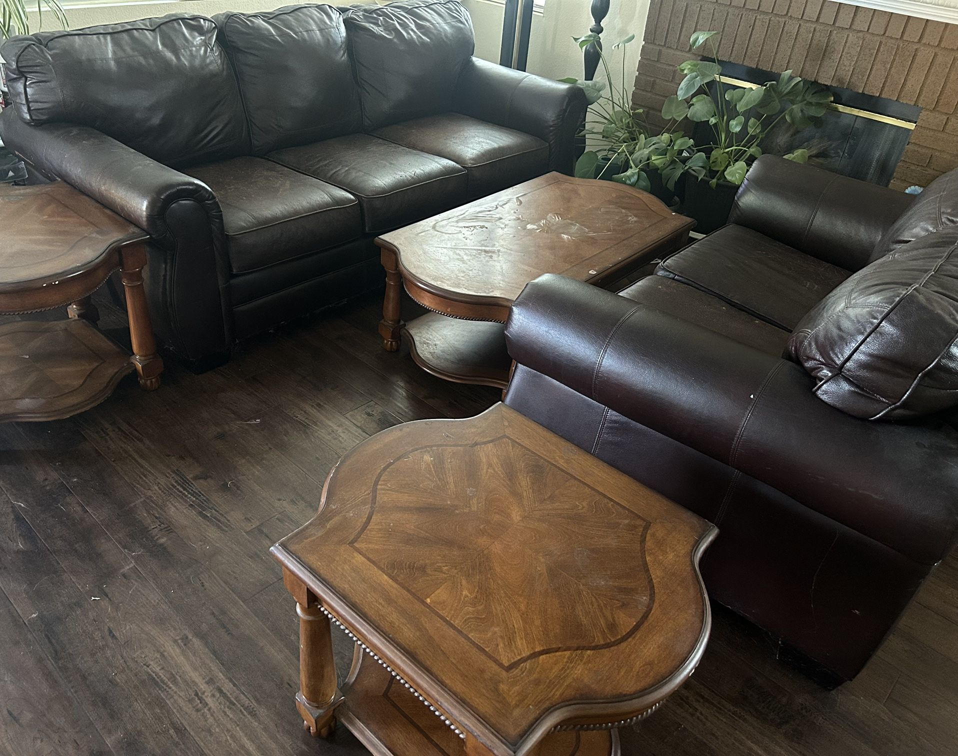 Sofa Set - 5 Pieces (2 Leather Sofas + 3 Solid Wood Coffee Tables)