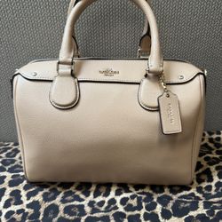 Coach Handbag Small Beige Satchel Pebbled Leather Purse 9” X 8” Top Handle Bag