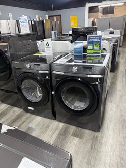 SAMSUNG BLACK STAINLESS STACKABLE FRONT LOAD WASHER & GAS DRYER SET 🔥