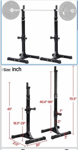 F) Adjustable Squat Rack Pair, Barbell Weight Stands for Bench Press Steel construction supports up to 550 lb, and adjustable height suits squats, pre