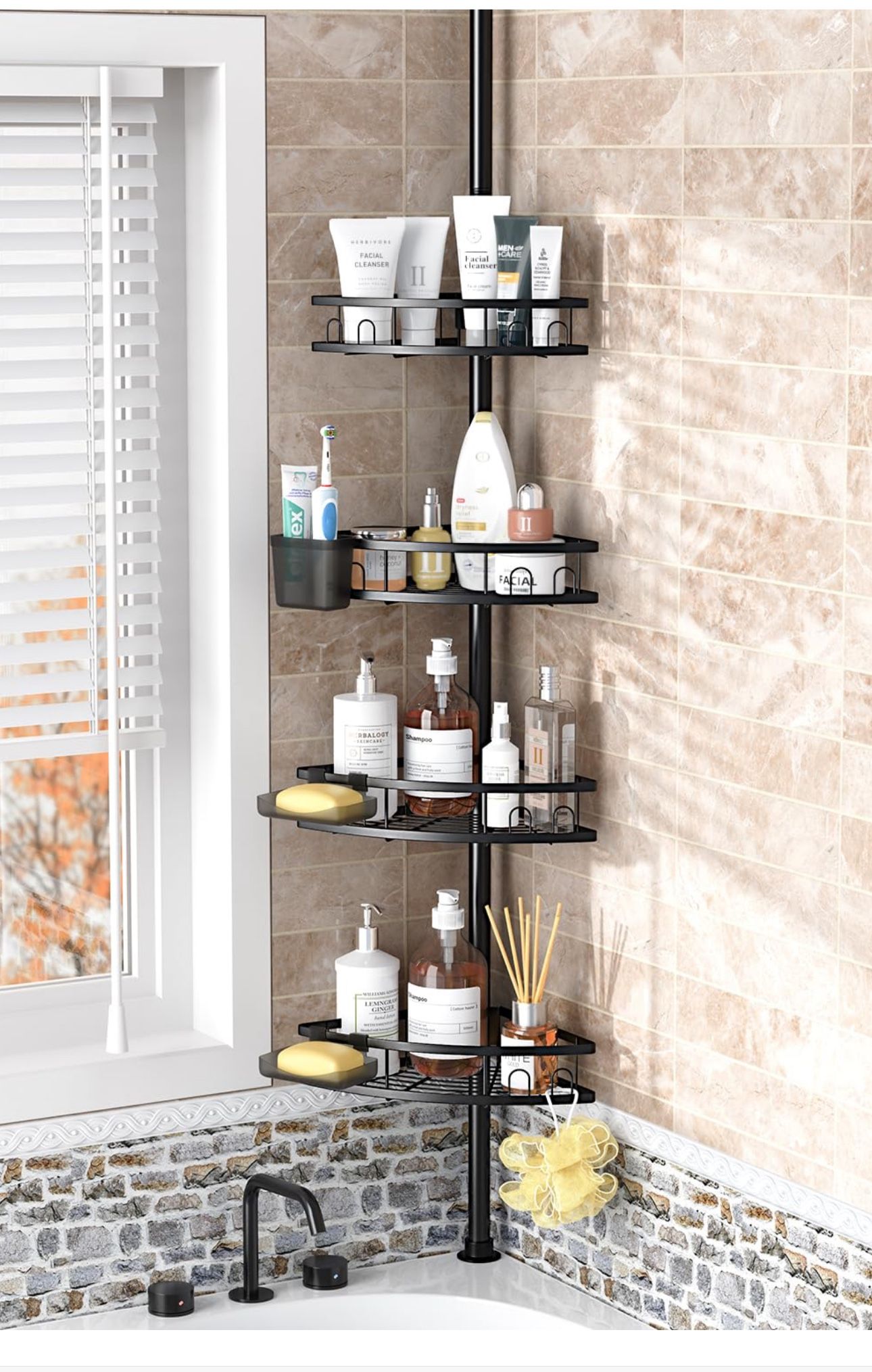 Tension Pole Shower Caddy Corner: Adjustable 4tier Bathroom Organizer Shelves - Rustproof Bathtub Shampoo Rack 43.5-120 inch Full Stereo Sound PC Spea
