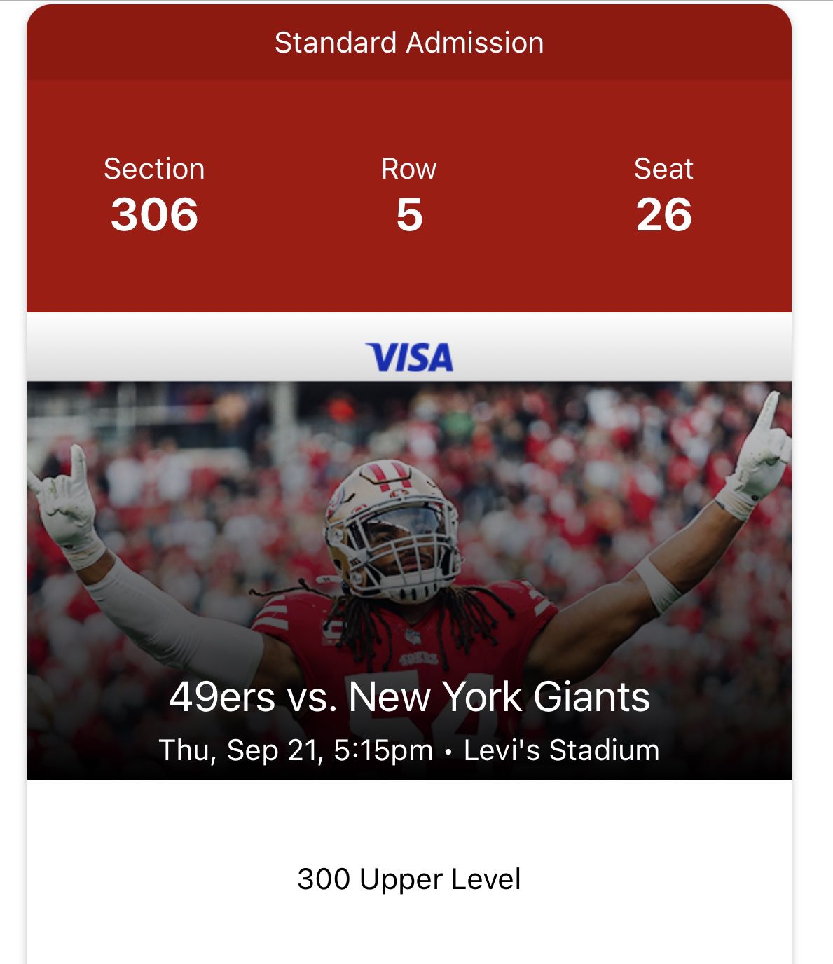 One 1 Time Ticket 49ers Vs NY Giants 