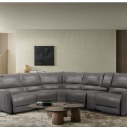 Brand New Grey Top Grain Leather Power Reclining Sectional Sofa 