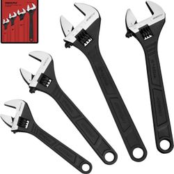 Adjustable Wrench Set Wrenches Sets: 4-Piece 6, 8, 10, 12 Inch Chrome Vanadium Steel Corrosion-Resistant Black Oxide Finish for Automotive Plumbing an
